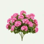 Pink artificial geranium flower clusters with green leaves and branching stems