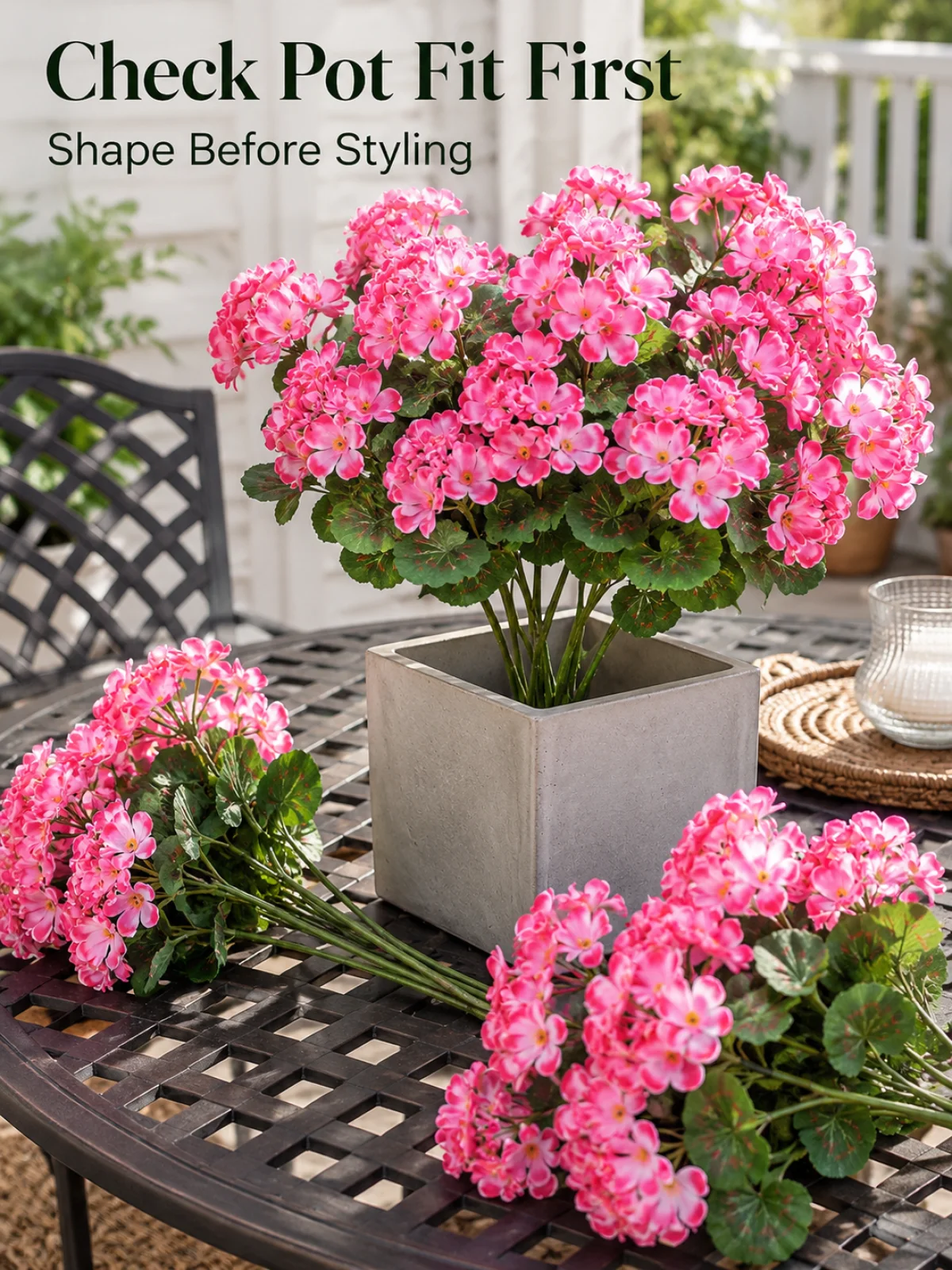 Artificial geranium flowers fit check with a planter before styling