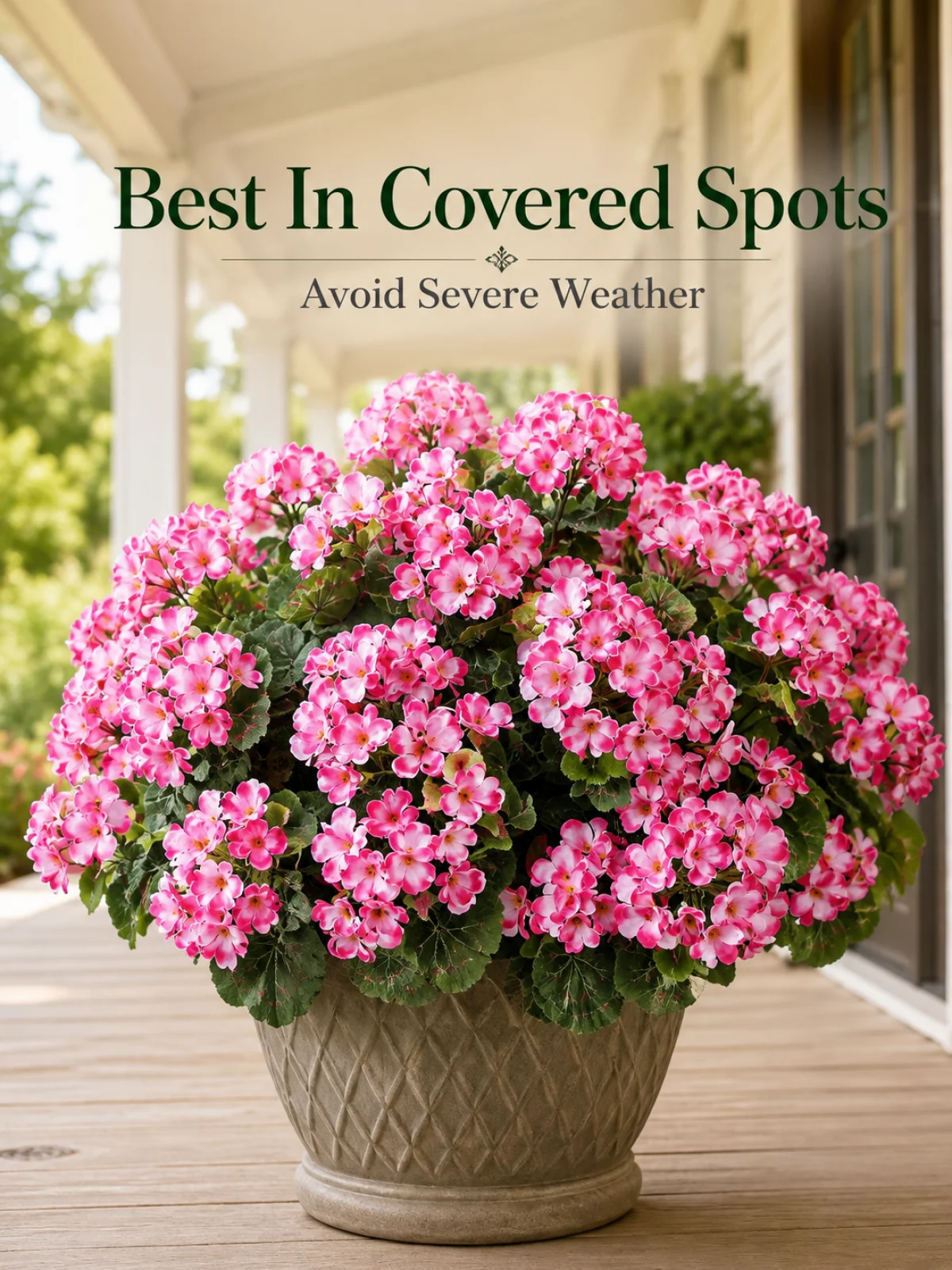 Artificial geranium flowers in a covered porch placement