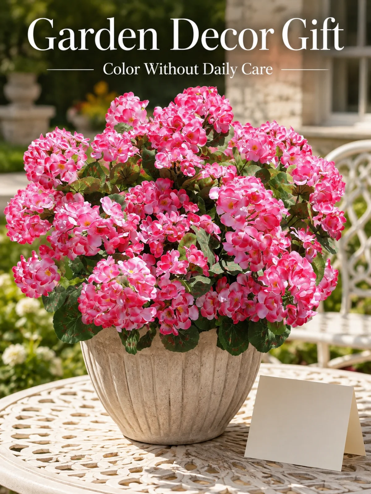 Artificial geranium flowers as a colorful garden decor gift