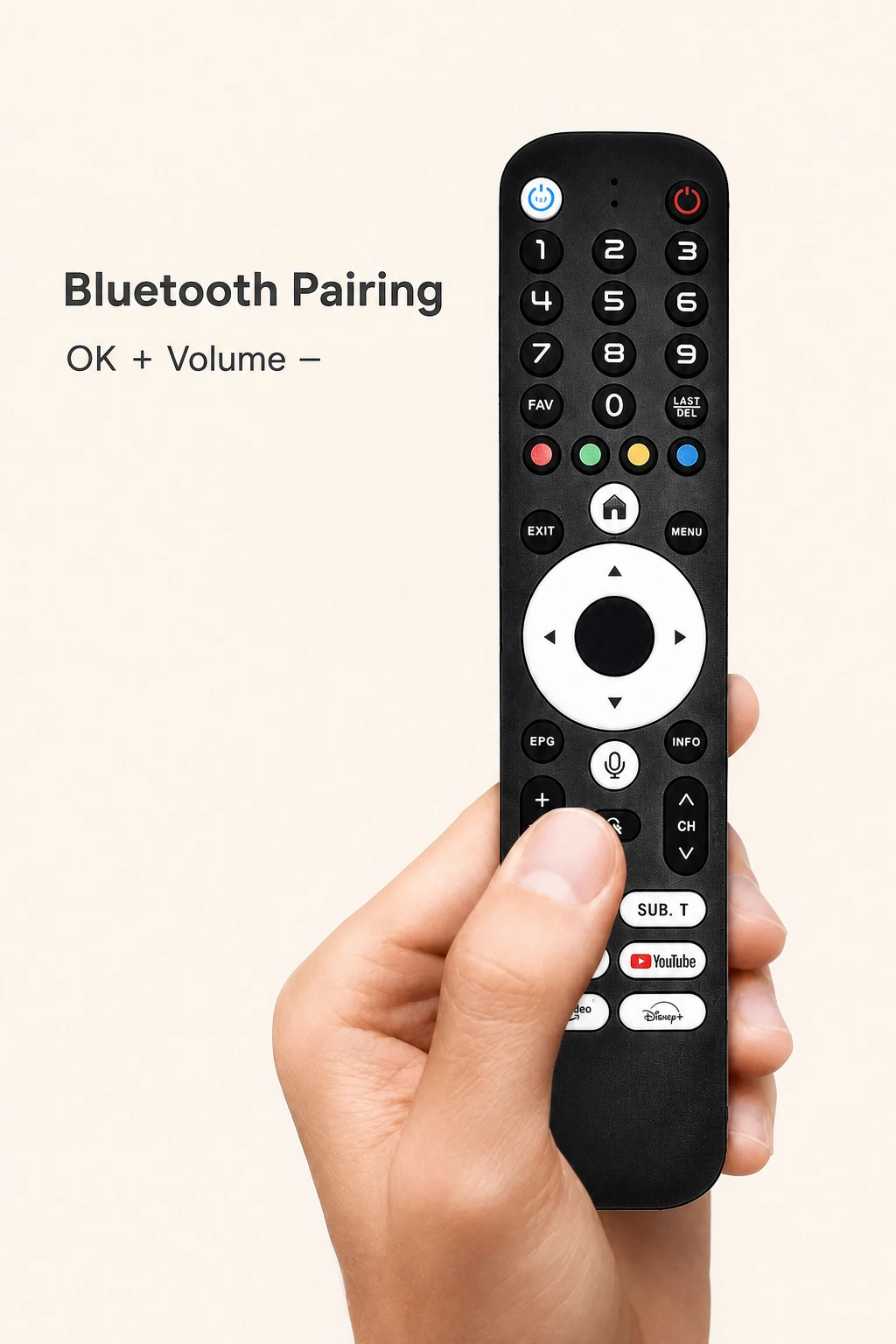 Black remote held in the original hand beside Bluetooth pairing text for OK and volume minus