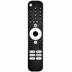 Front view of one black voice remote with a white navigation ring and numeric keys on white
