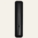 Rear view of one black remote with its closed cover, seam and molded release arrow