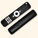 Diagonal front and rear views of the same single black remote