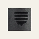Tight detail of a molded downward release arrow and horizontal raised ridges on the black surface