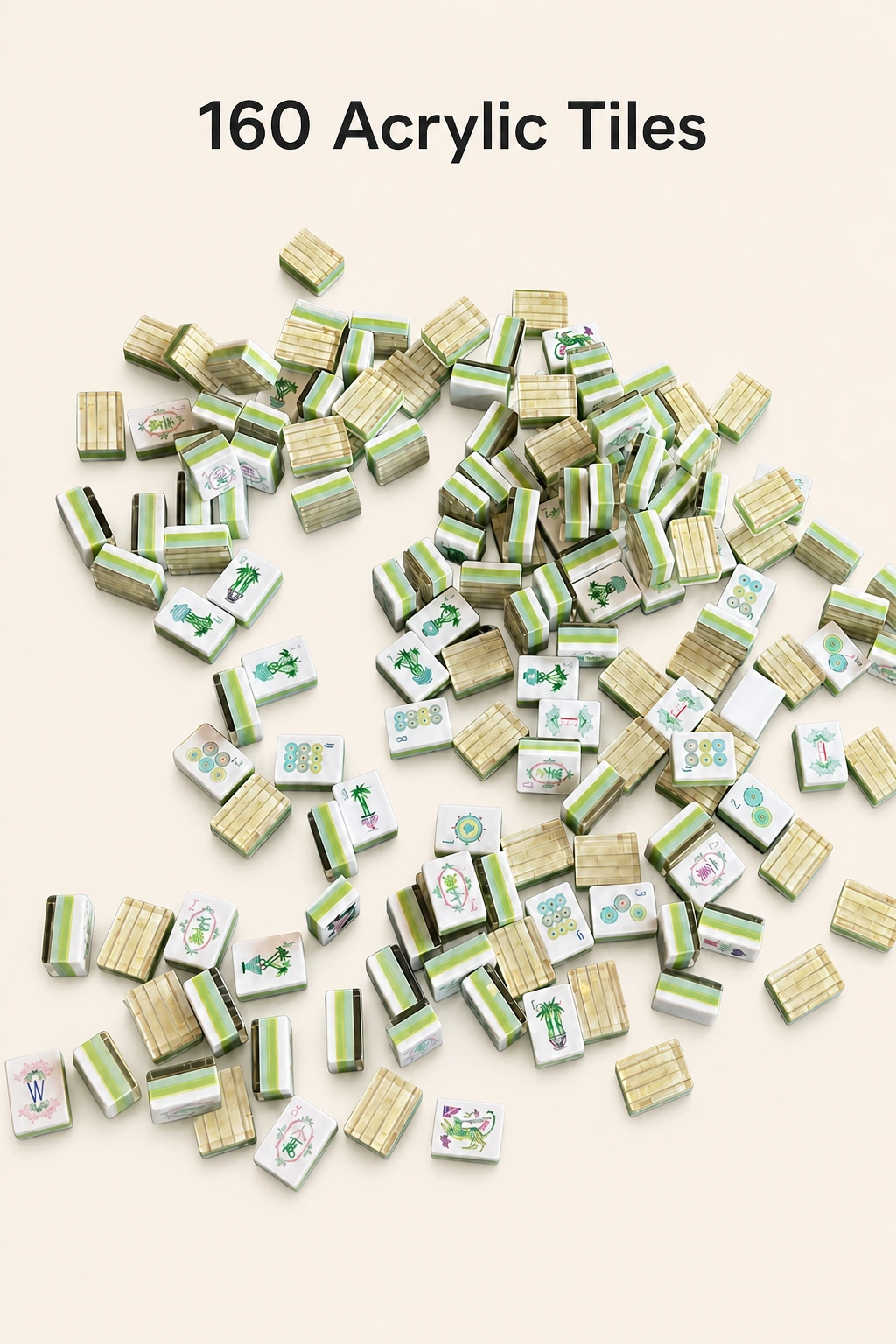 Grupo de fichas de mahjong con un título que indica 160 fichas acrílicas