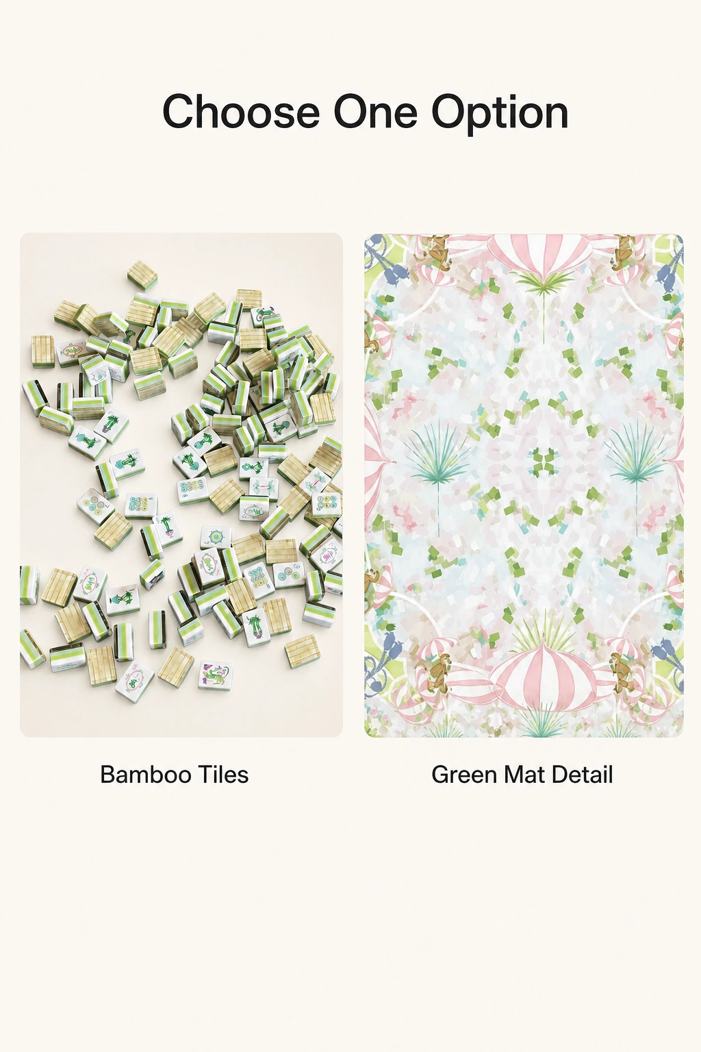 Paneles de opciones separados con fichas Bamboo y un detalle del diseño central del tapete verde
