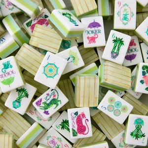 Fotografía de la opción Bamboo con caras blancas ilustradas, reversos de bambú estampado y bordes verdes por capas
