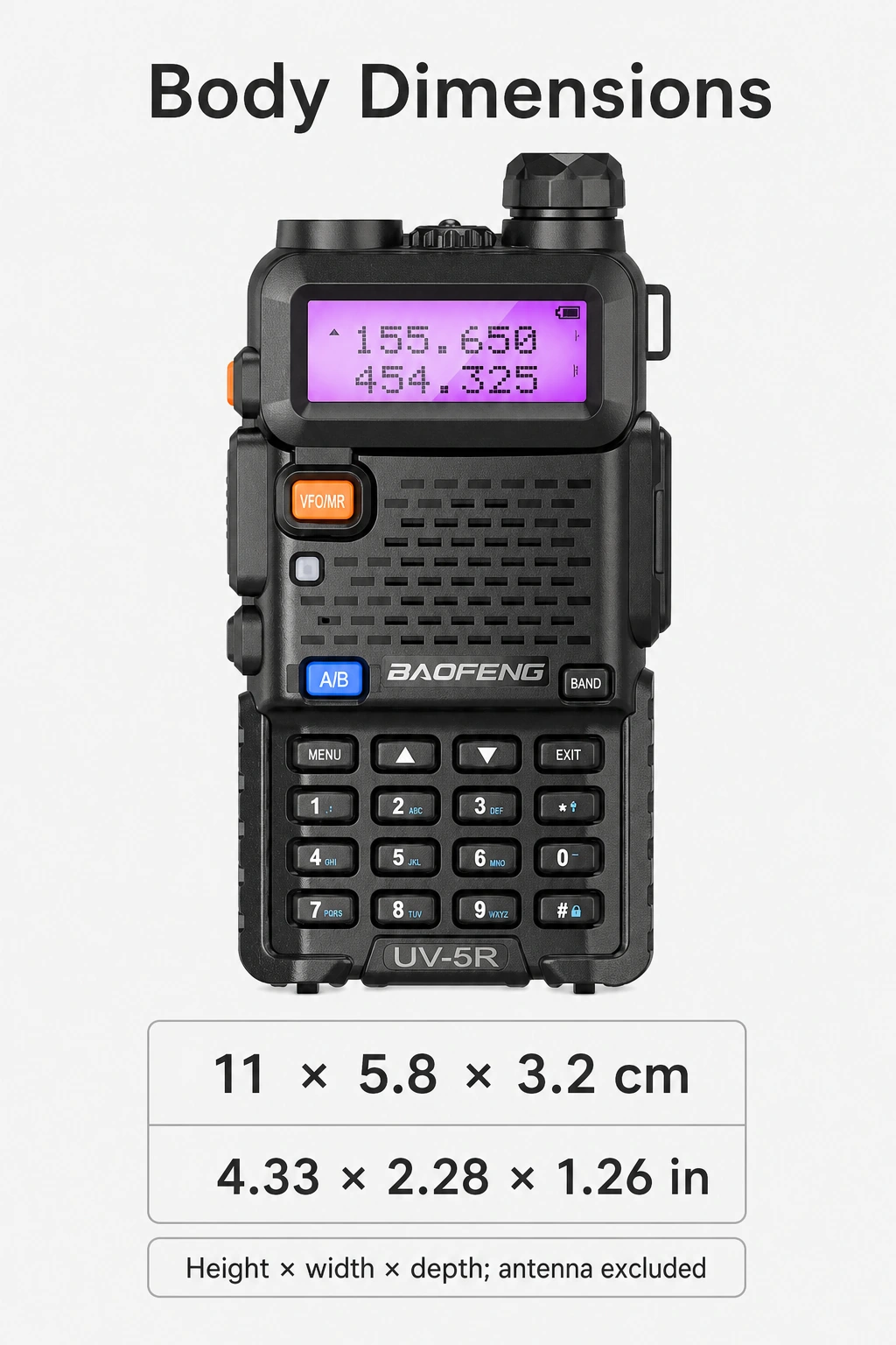 Radio body dimensions in centimeters and inches, excluding the antenna