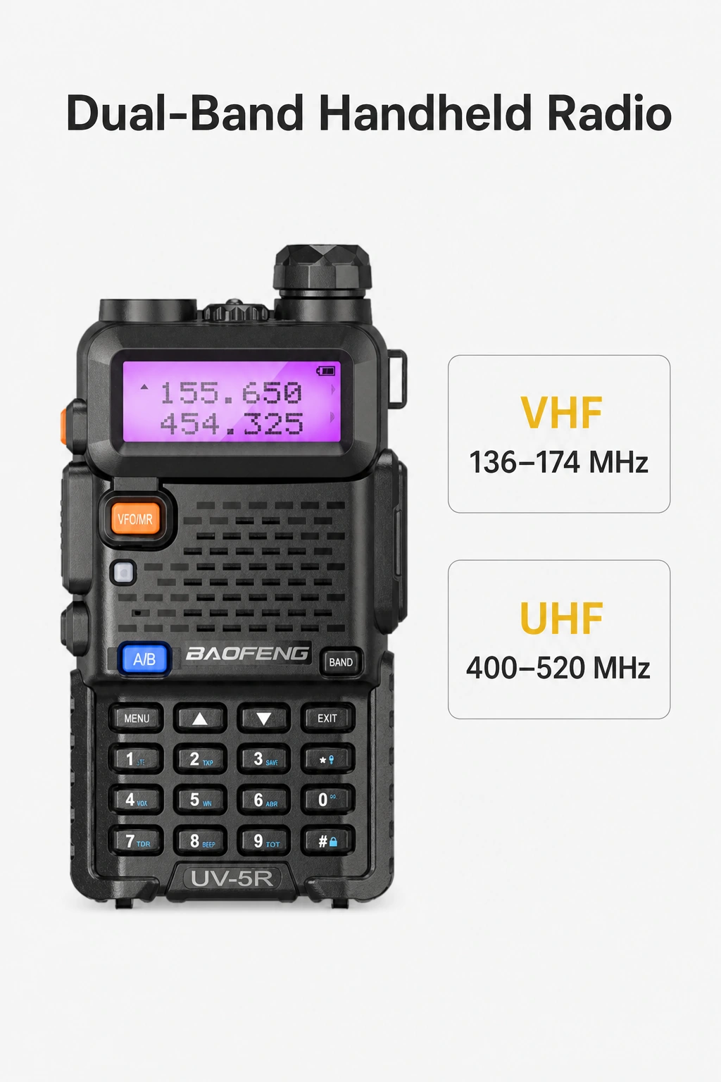 UV-5R radio body beside the listed VHF and UHF frequency bands