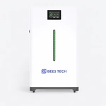Front view of the white 16kWh battery cabinet with a display and green status light strip