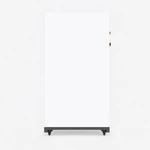 Full rear view of the white 16kWh battery cabinet with a black base and wheels
