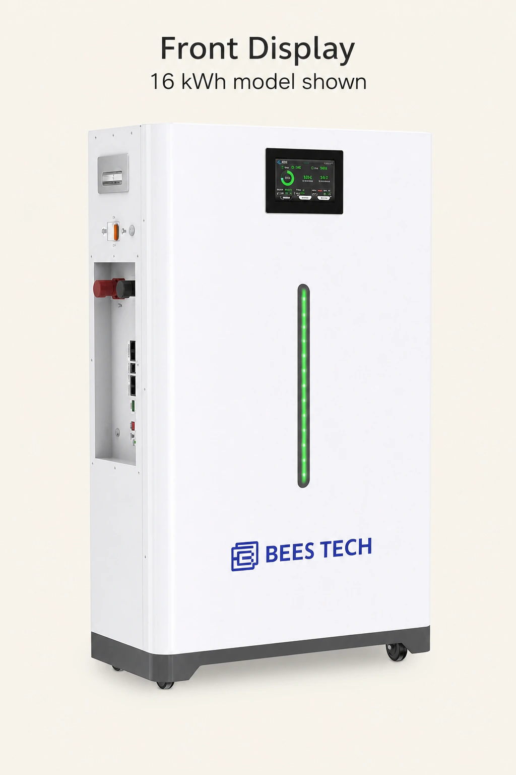White 16kWh battery cabinet at an angle, showing the front display and green status light strip