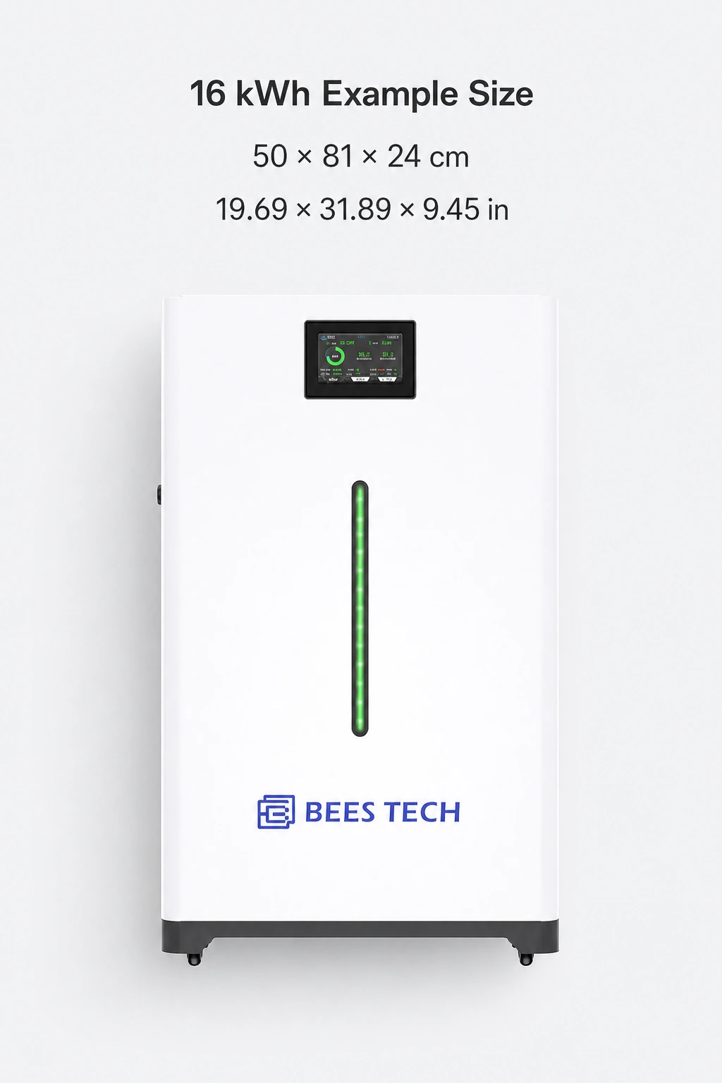 Pictured 16kWh cabinet with dimensions of 50 × 81 × 24cm and 19.69 × 31.89 × 9.45in
