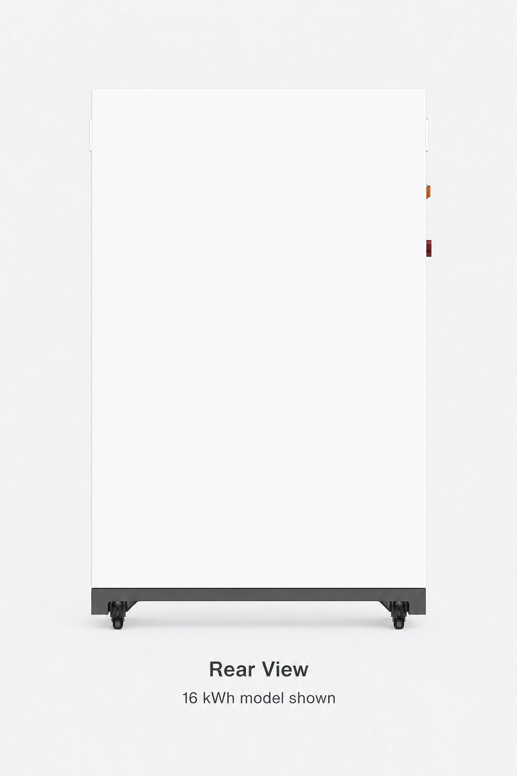 Rear casing of the pictured 16kWh battery cabinet, with a white panel and wheeled base