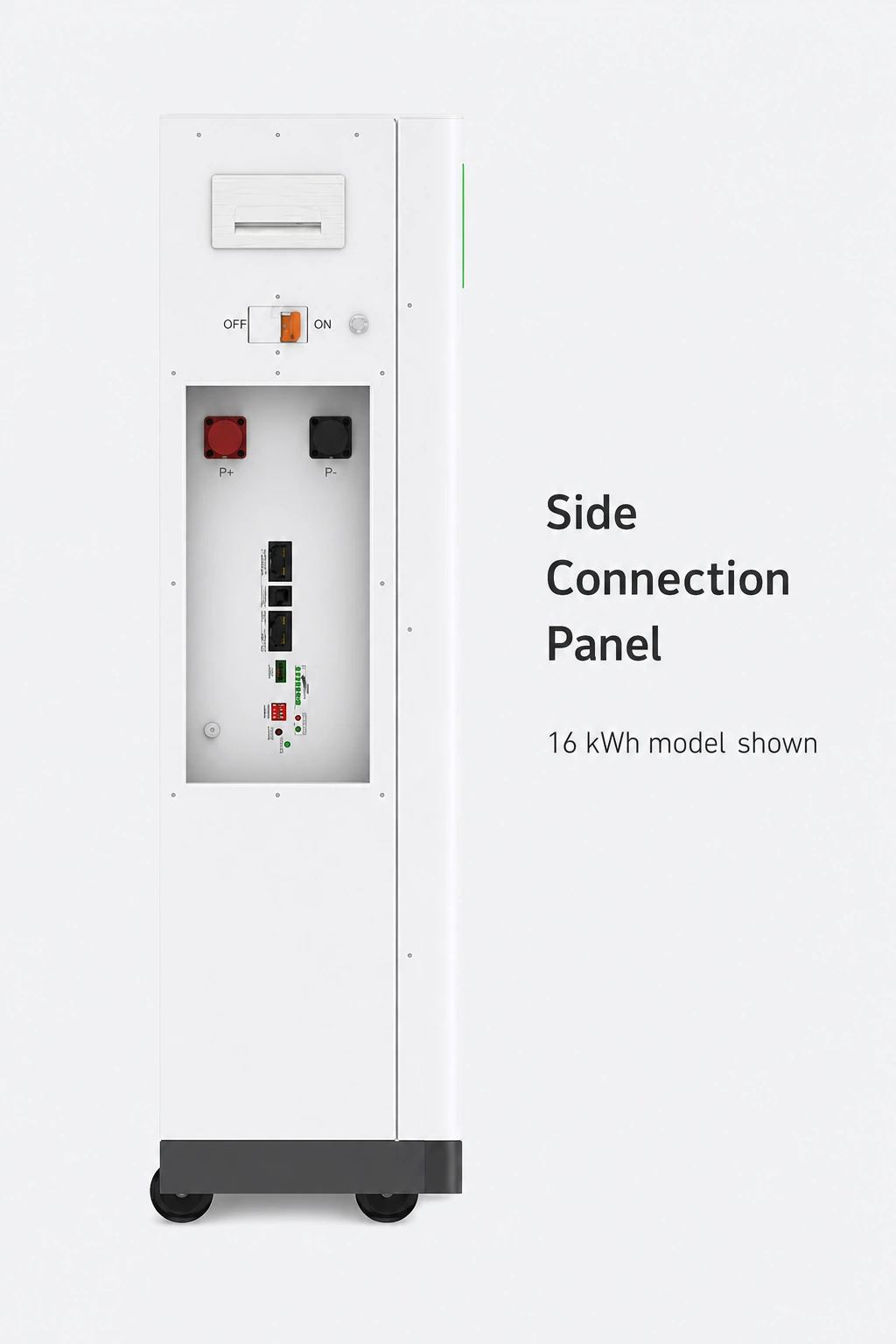 Full side of the white 16kWh cabinet with red and black terminals and communication ports