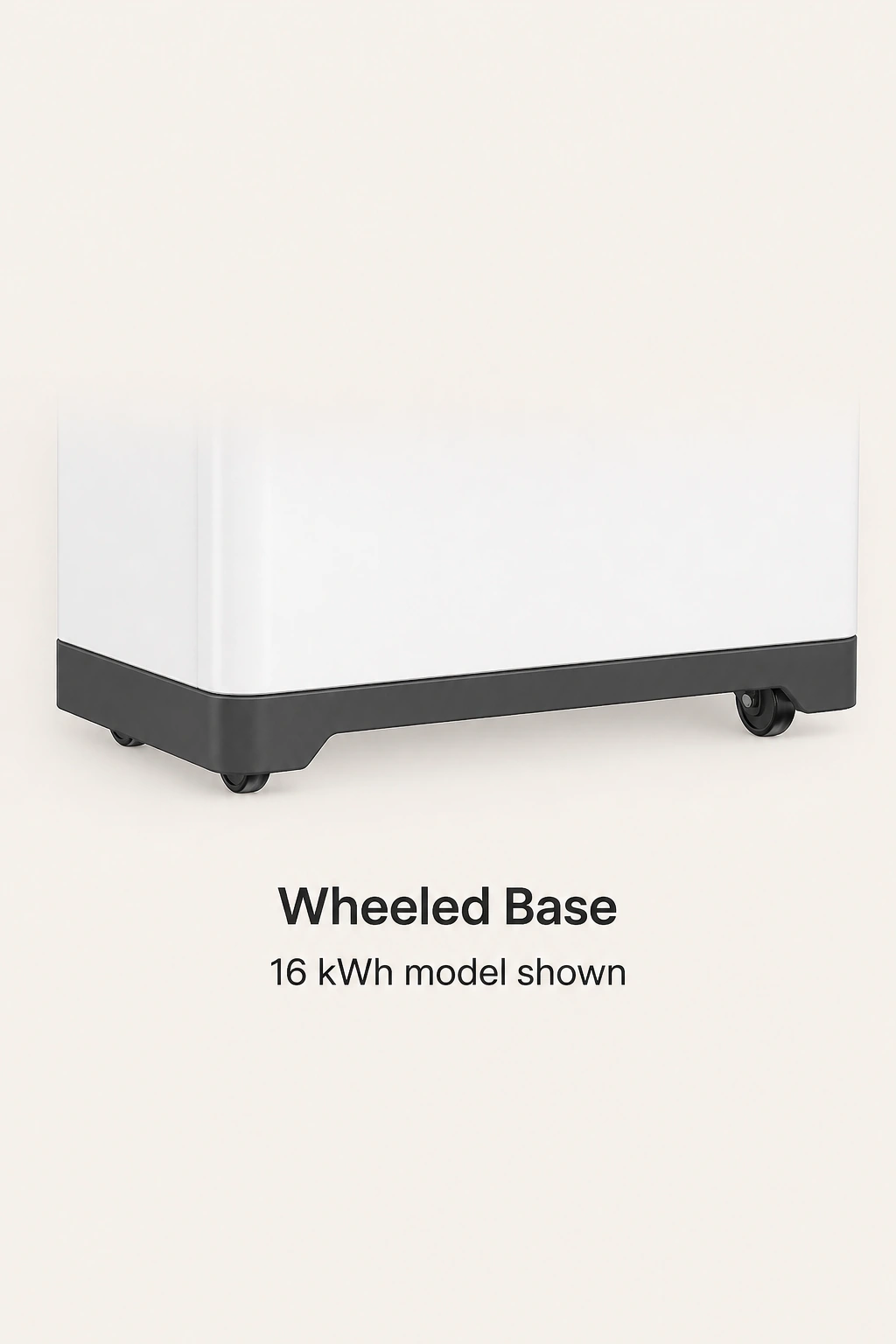 Detail of the black base and caster wheels on the pictured 16kWh cabinet