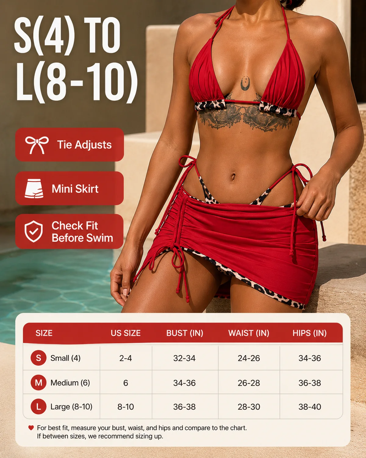 Dettaglio materiale e struttura per Bikini 3 pezzi con bordo leopardato e minigonna