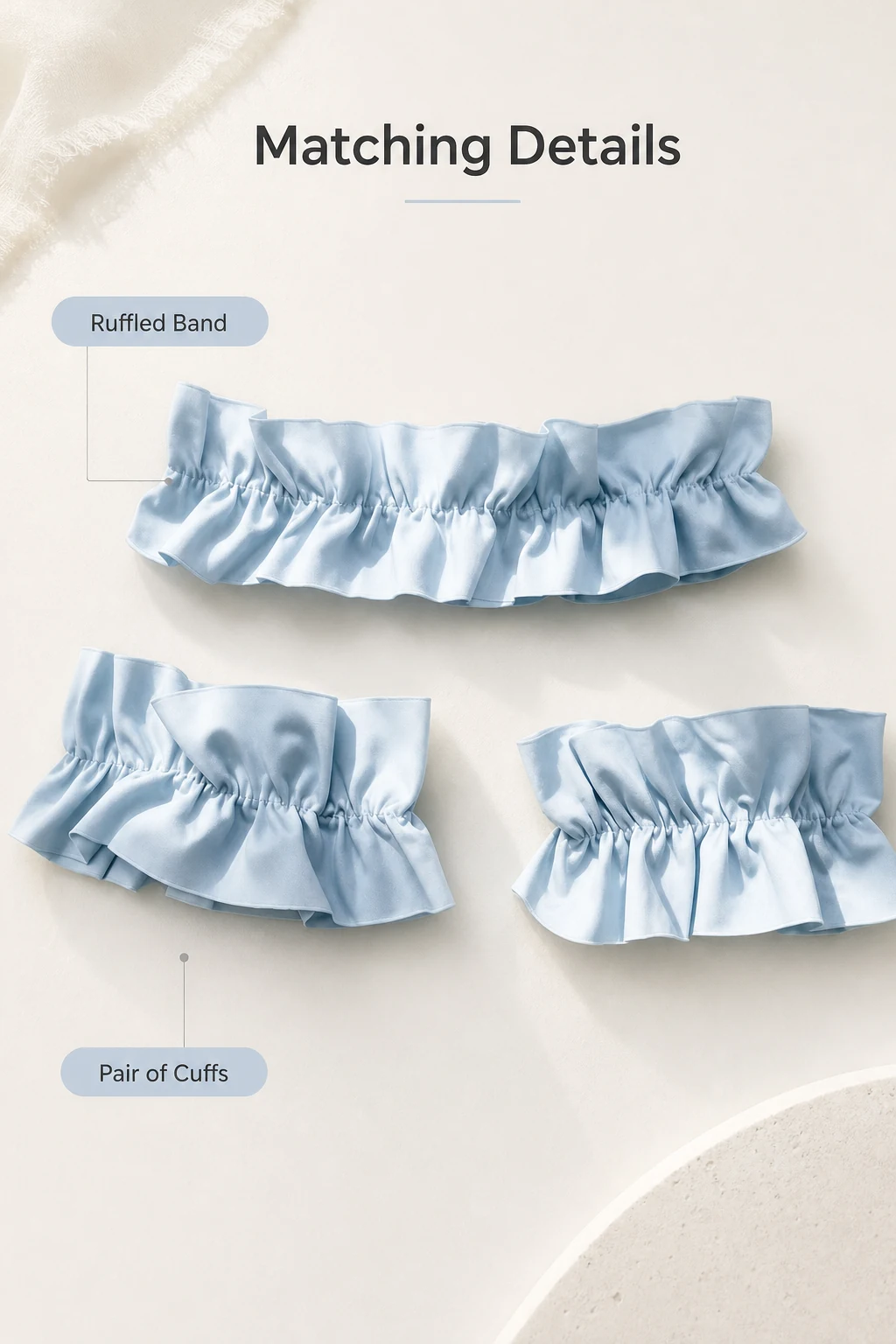 Blue style example: Two blue ruffled cuffs beside one blue ruffled elastic band
