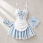 Blue style example: Flat lay of the blue and white maid dress, apron, fabric headpiece and two cuffs