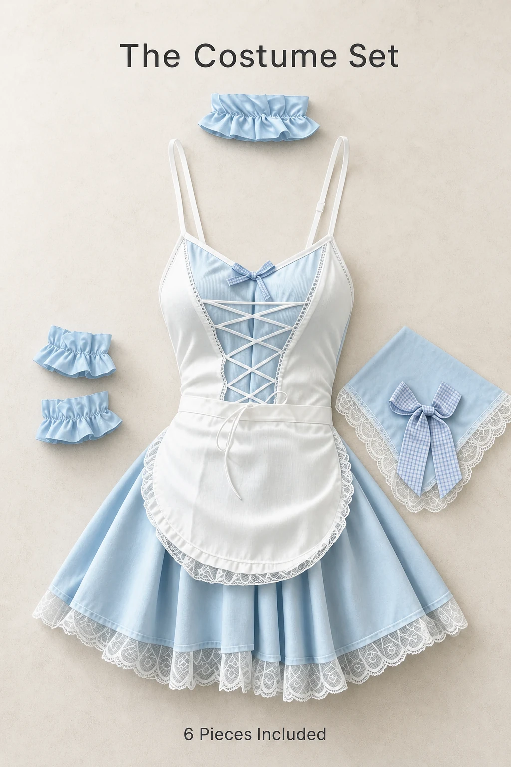 Blue style example: All six costume pieces: dress, apron, fabric headpiece, two cuffs and blue ruffled elastic band