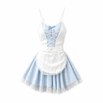 Blue style example: blue and white maid dress with a separate white apron on a white background