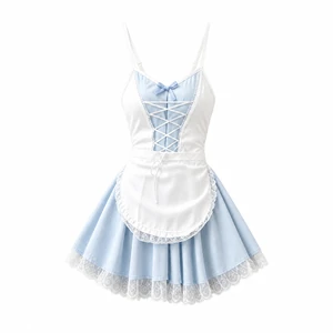 Blue style example: blue and white maid dress with a separate white apron on a white background