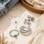 Silberfarbene Halsketten, Ringe und Armbänder mit türkisfarbenen Akzenten neben Denim und geflochtenen Accessoires