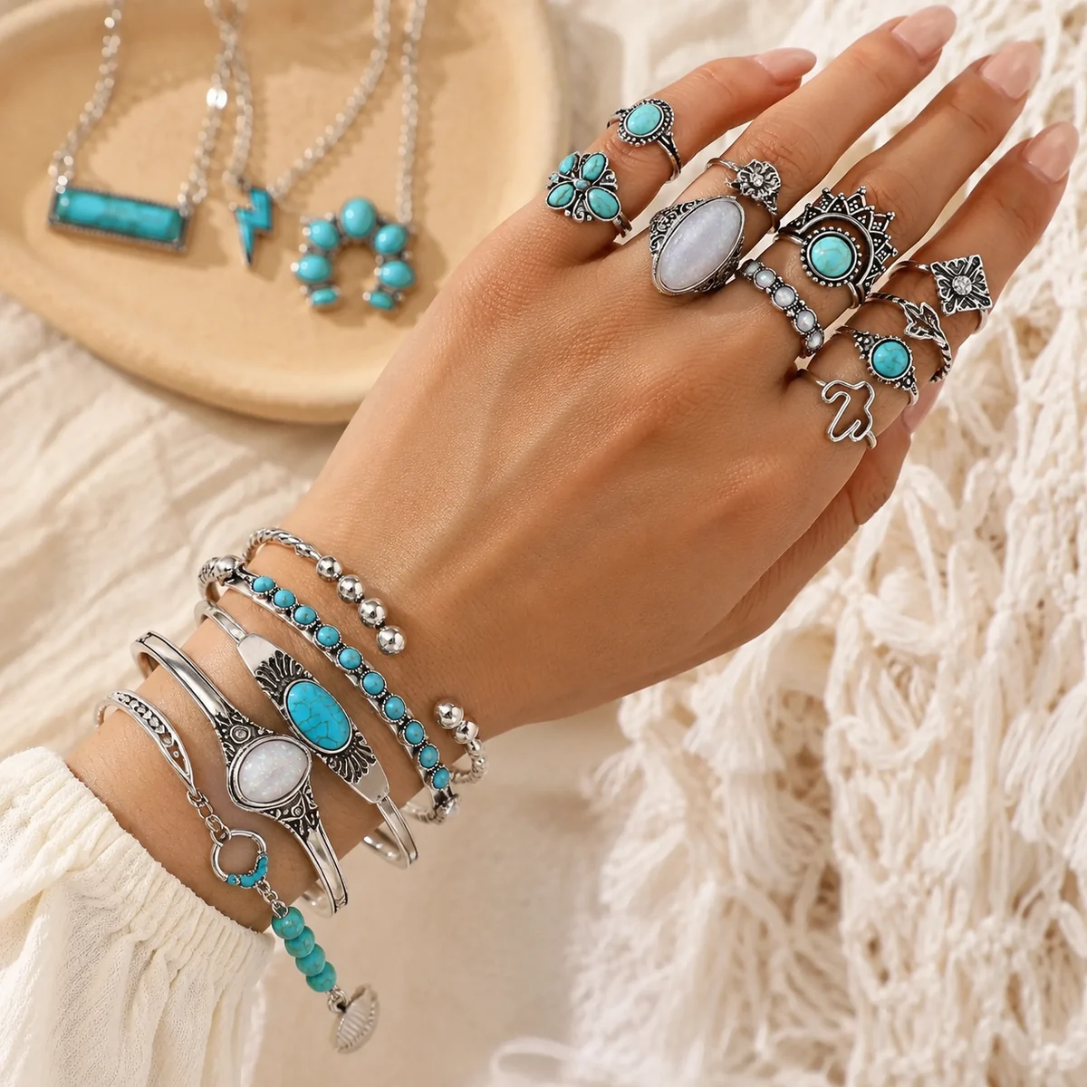 Größen- oder Nutzungsdetail für Boho Turquoise-Style Schmuckset für Damen für den Alltag