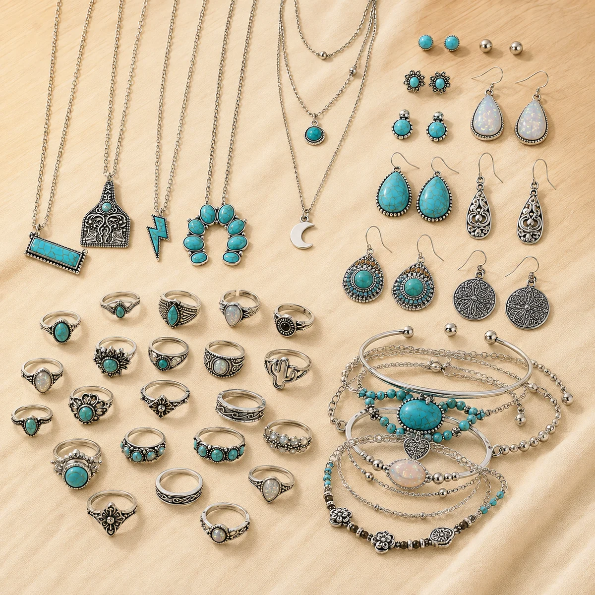 Material- und Strukturdetail für Boho Turquoise-Style Schmuckset für Damen für den Alltag