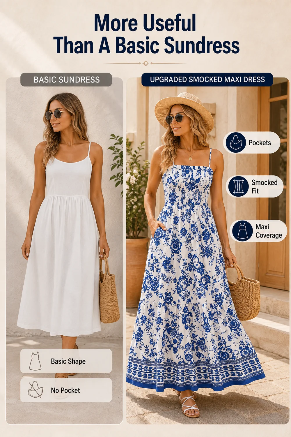 Vestito maxi boho con tasche confrontato con un prendisole basic