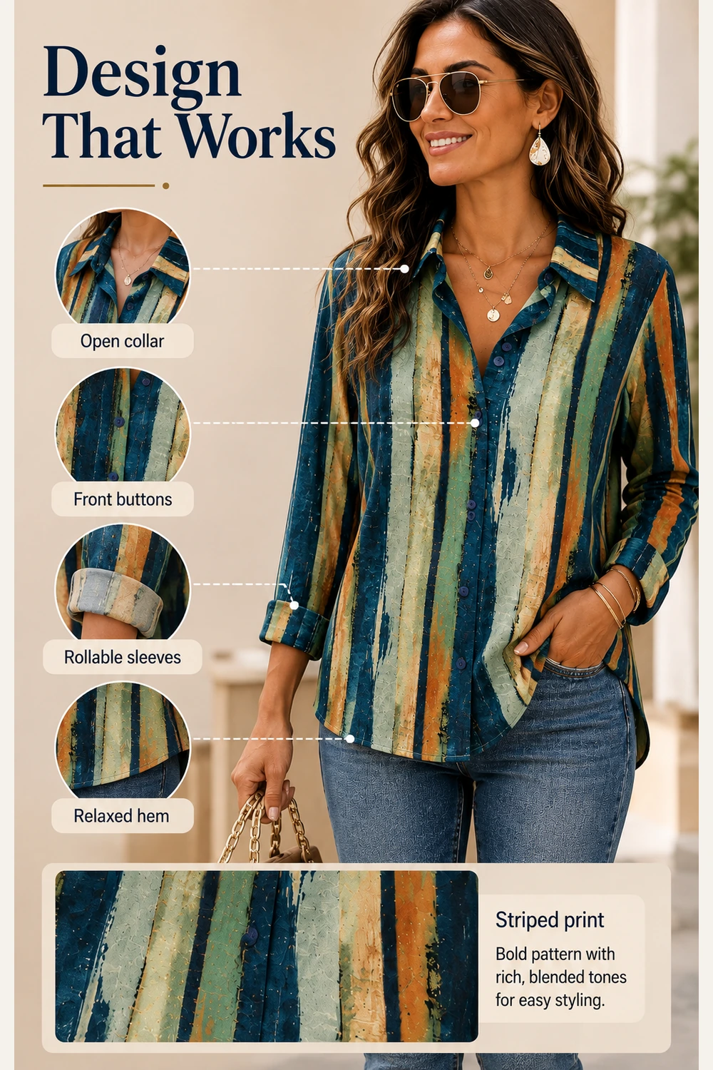 Size or use detail for Long Sleeve Button-Down Shirt for Women with Striped Print