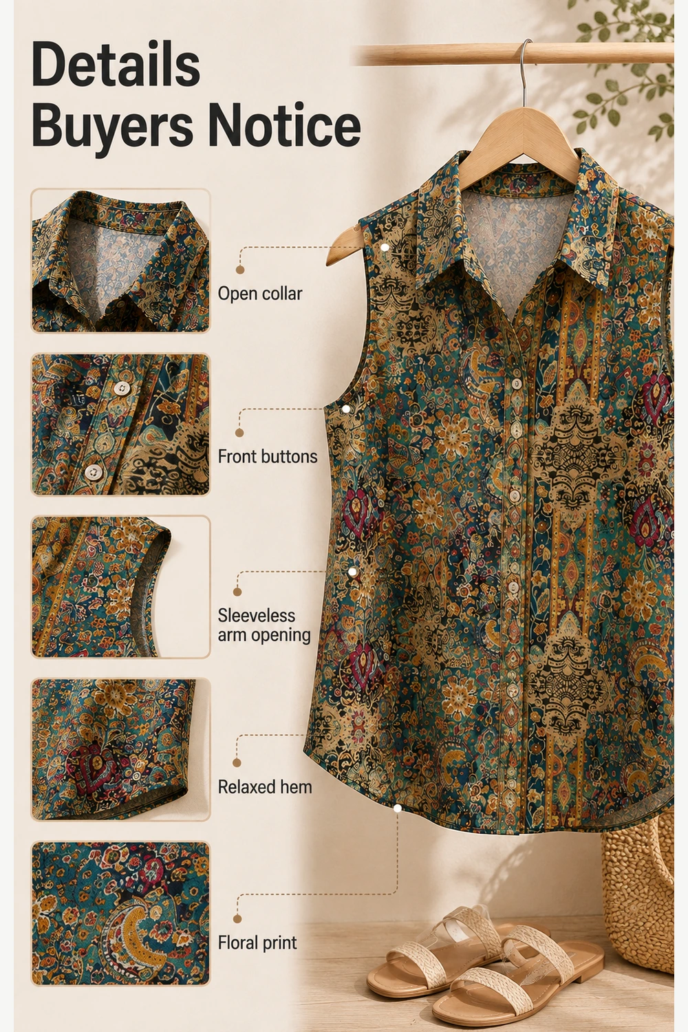 Florale Button-Front-Bluse mit Kragen und lockerem Saum