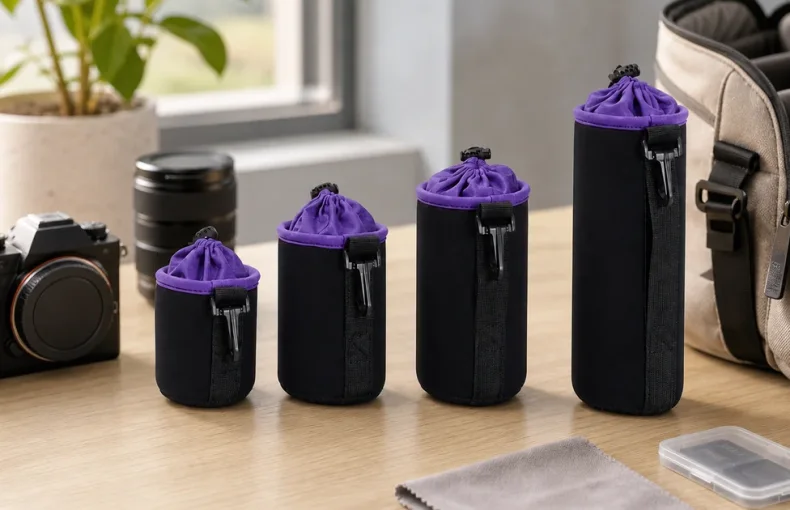 Camera Lens Pouch Set with Drawstrings: S M L XL Storage Guide