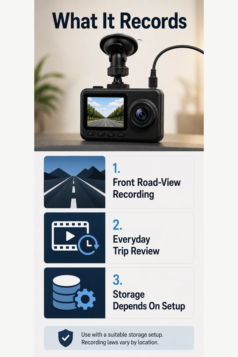 Car dash camera road view recording overview for daily driving