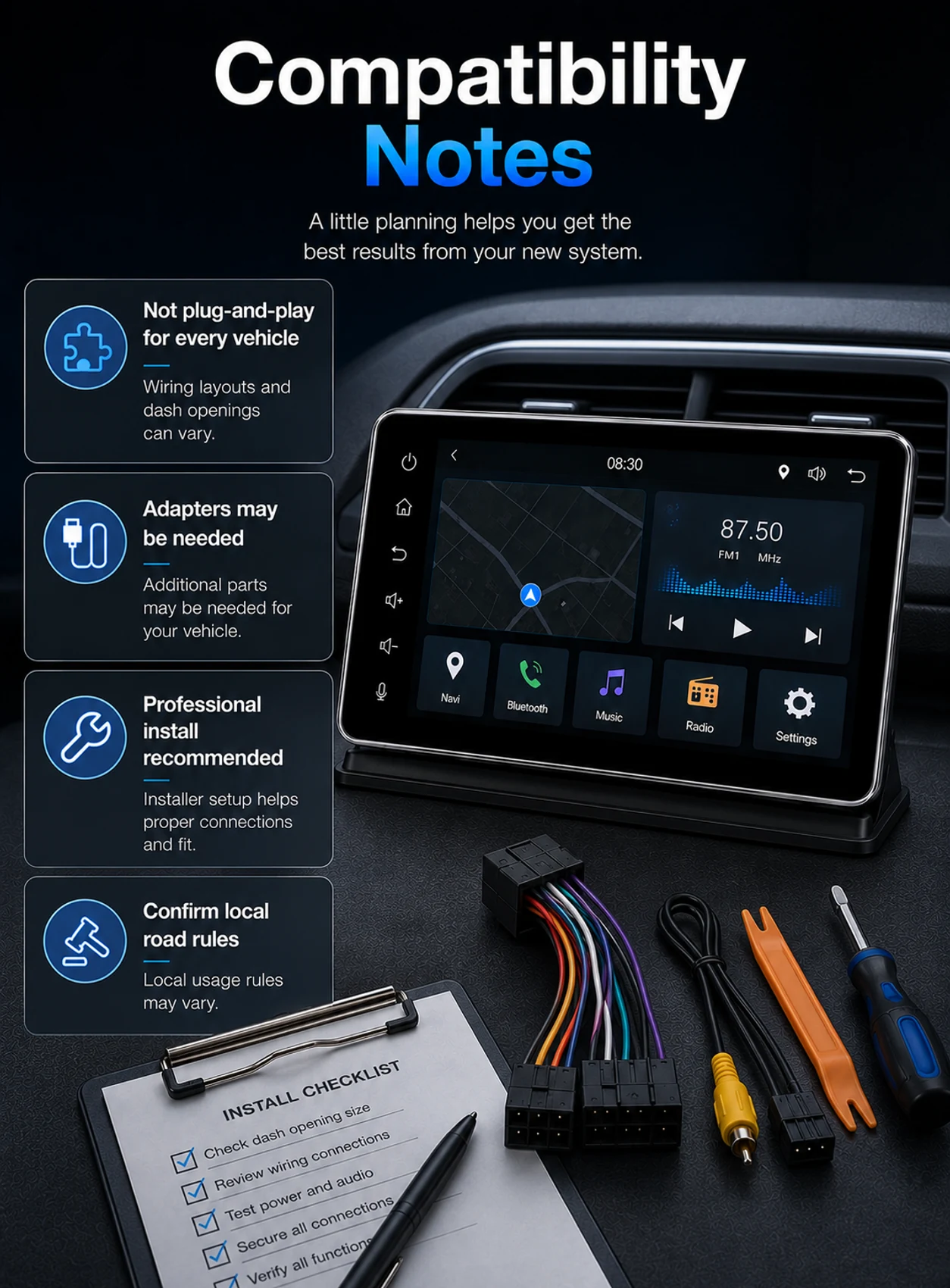 Car head unit compatibility notes for vehicle-specific fit adapters professional installation and local road rules