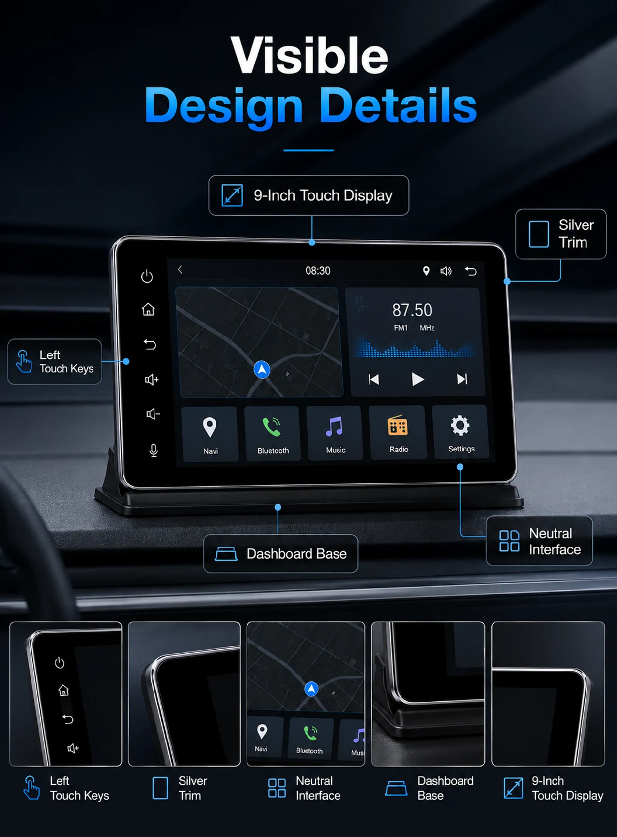 Car multimedia display design details with touch display silver trim touch keys and dashboard base