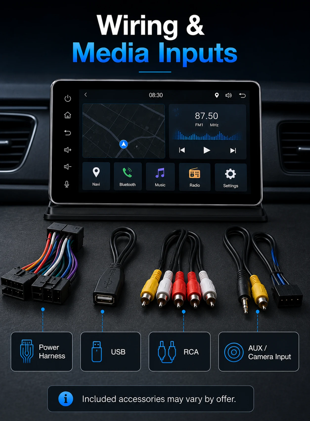 Car multimedia wiring and media inputs with power harness USB RCA and camera input
