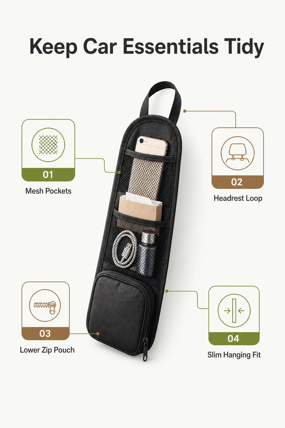 Detailbild eines Auto Sitz Organizers für alltägliche Kleinteile