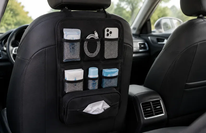 Guia de organizador de asiento de coche con bolsillos de malla