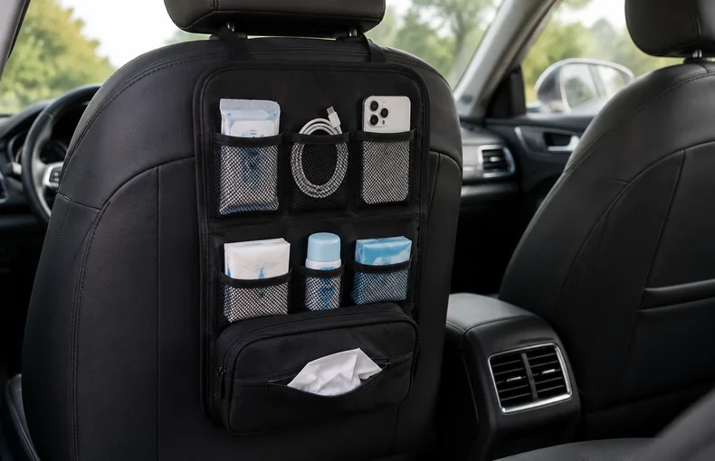 Car Seat Organizer with Mesh Pockets Guide for Daily Drives, Road Trips and Backseat Storage