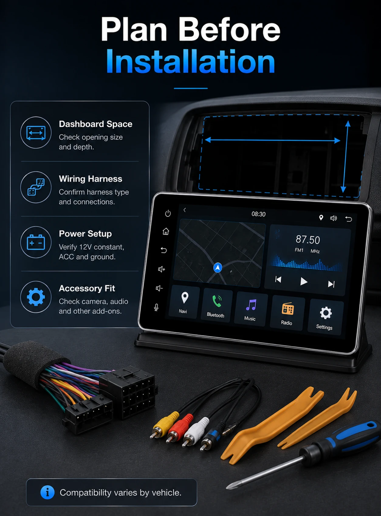 Car stereo install planning checklist for dashboard space wiring harness power setup and accessory fit
