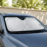 Silver sunshade fitted across the windshield of a parked car.