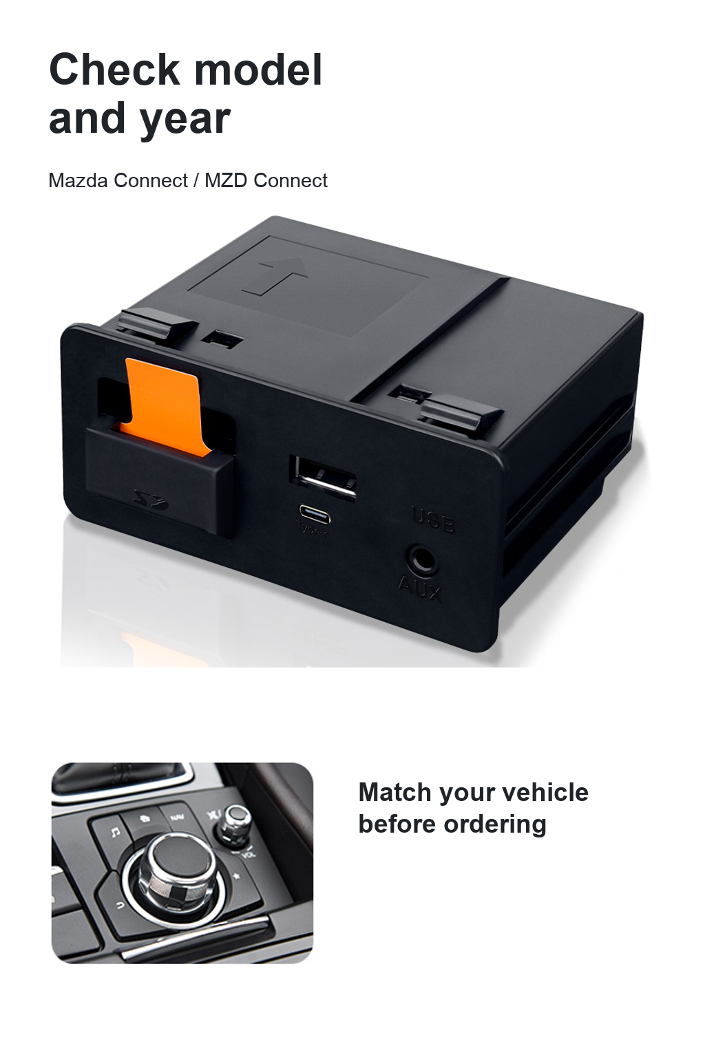 Módulo negro completo con USB-A y USB-C, fotografía separada del mando giratorio de la consola e indicación de comprobar modelo y año