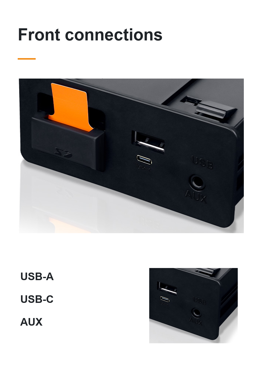 Frontal original del módulo y detalle de USB-A, USB-C y toma AUX redonda