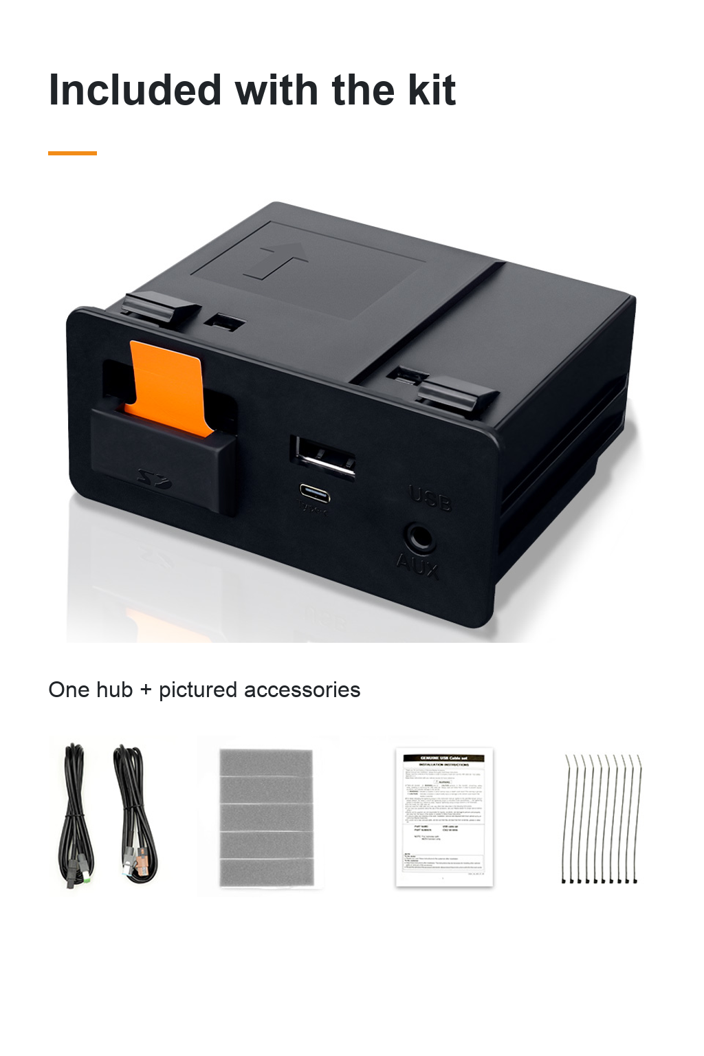 Módulo con USB-A y USB-C sobre la ilustración de accesorios con cables, piezas de espuma gris, documentación y bridas