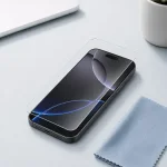 Teléfono y protector de pantalla transparente sobre un escritorio claro junto a un paño azul