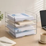 Bannettes transparentes empilées contenant papiers et carnets sur un bureau près d’un ordinateur et d’une tasse