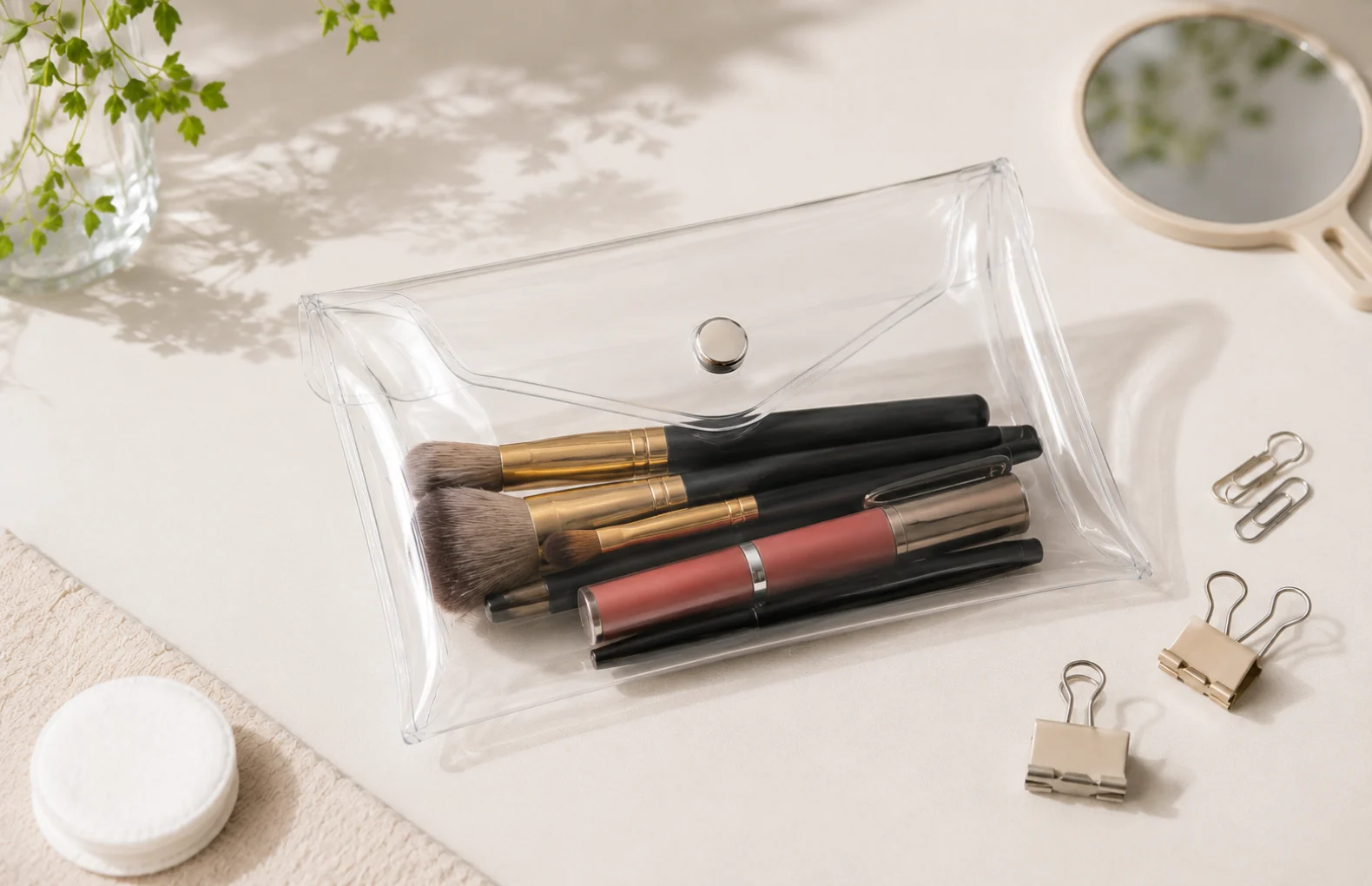 Pochette transparente en PVC a bouton pression avec maquillage, stylos et petits objets secs