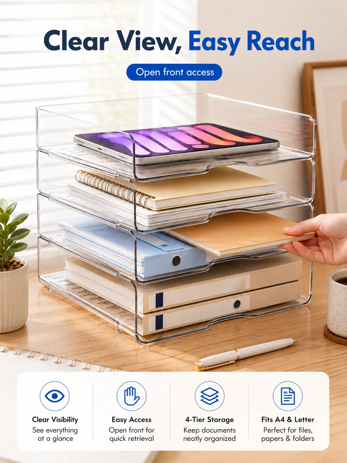 Parois transparentes et acces frontal ouvert sur plateau de bureau